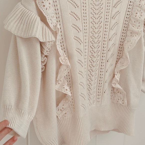 Lauren Conrad Eyelet Lace Knit Ruffles Crochet Short Sleeve Sweater Neutral XXL - Picture 9 of 13